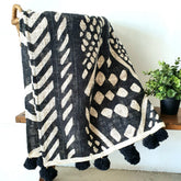 Black & Natural Abstract Pattern Cotton Throw with Tassels or Pompons | 125×195cm